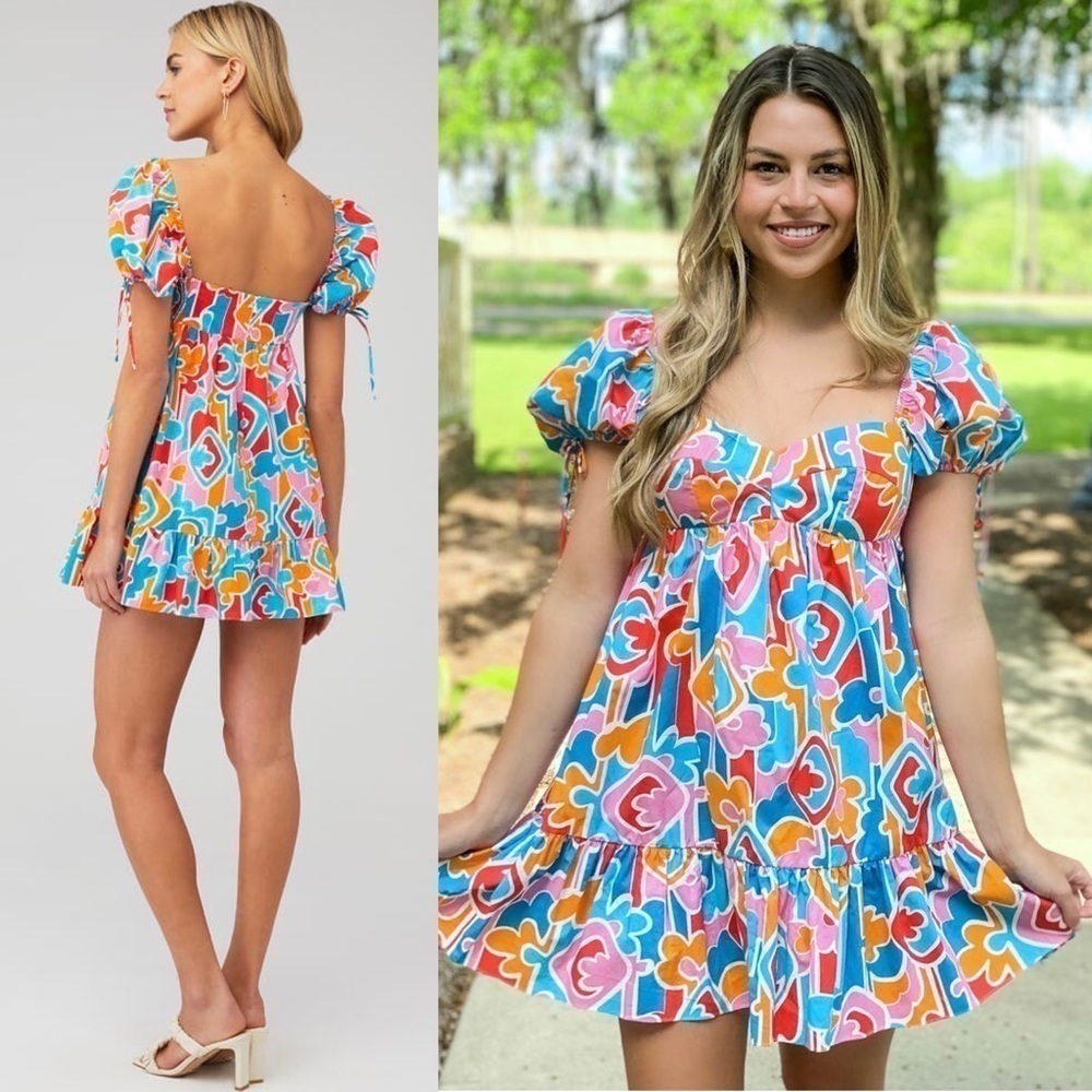 AMANDA UPRICHARD 90s Abstract Graphic Print Puff Short Sleeve Babydoll Dress L‎ - Picture 3 of 16